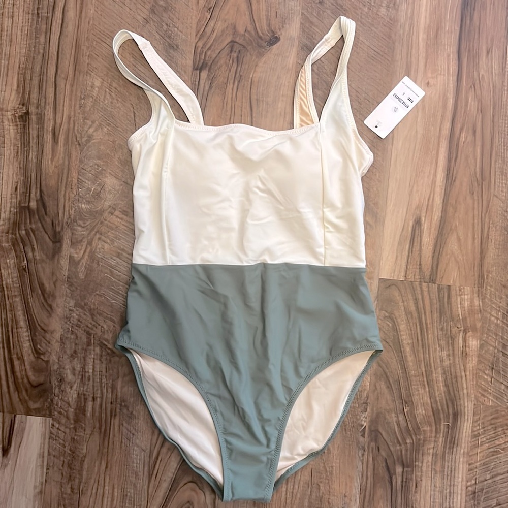 BRAND NEW ONE PIECE SWIMSUIT WITH TAGS AND LINER! Cream and green size large